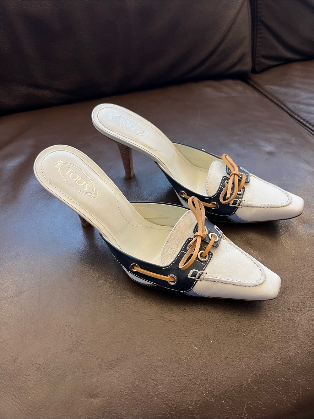 Tod’s Italian Leather Nautical Boat Shoe Mules White Navy Blue Stacking Heel